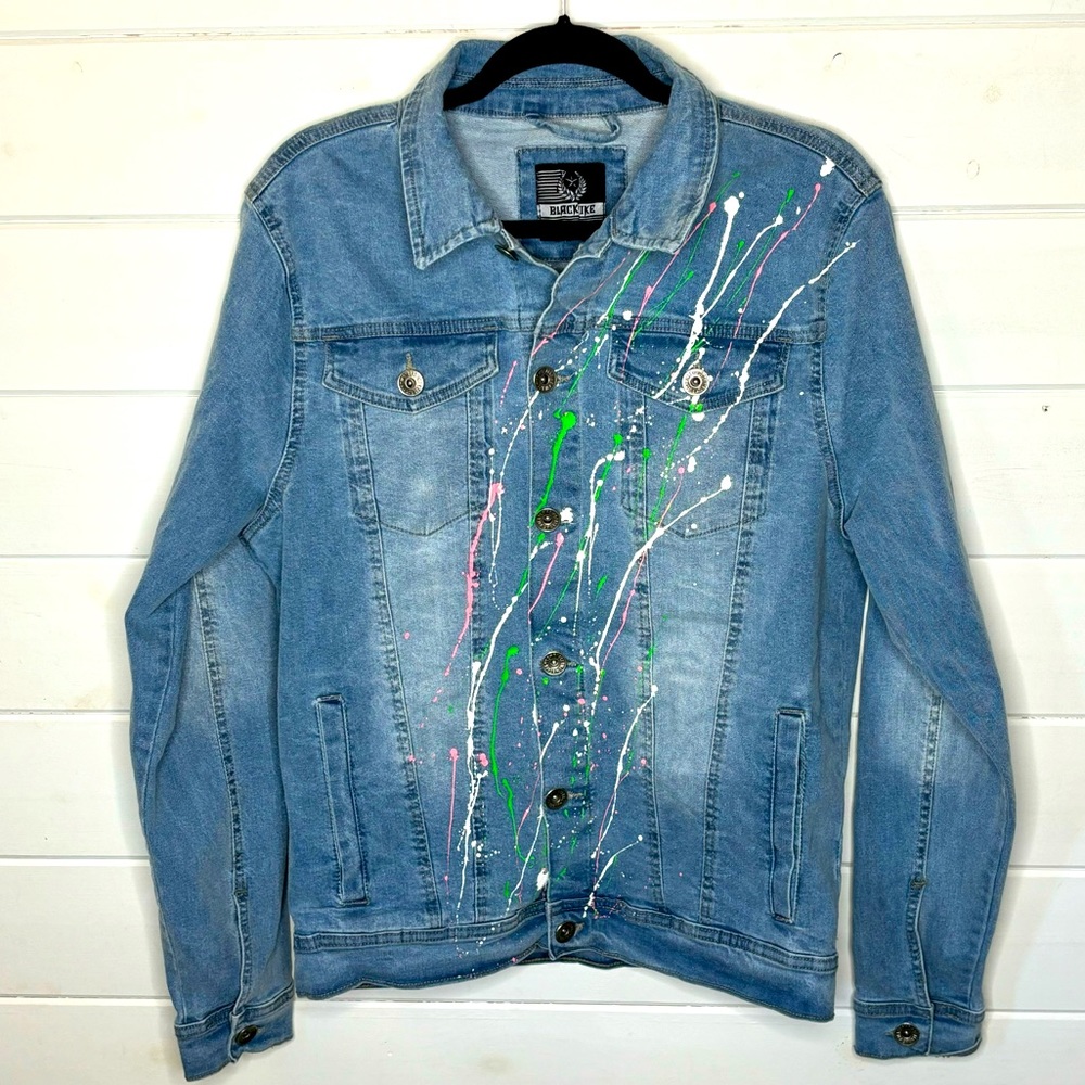 Black Pike Women’s Light Blue Button Up Splattered Paint Denim Jean Jacket Sz M